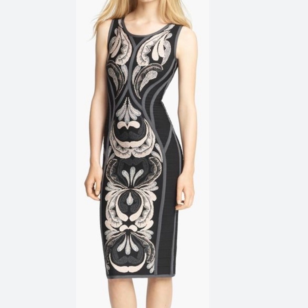 Herve Leger Sample Black and Cream Patterned Midi Dress